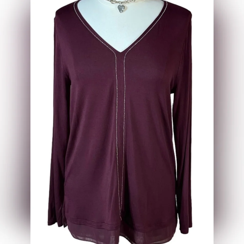 White House Black Market Lg Burgundy Silver Micro Bead Trim Chiffon Hem V-Neck - Picture 4 of 8